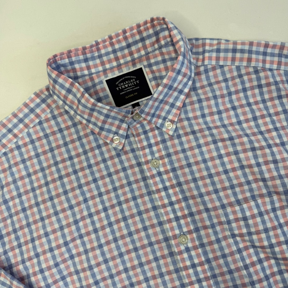 Charles Tyrwhitt Mens XL Classic Fit Button Down Shirt Blue Red Check Cotton